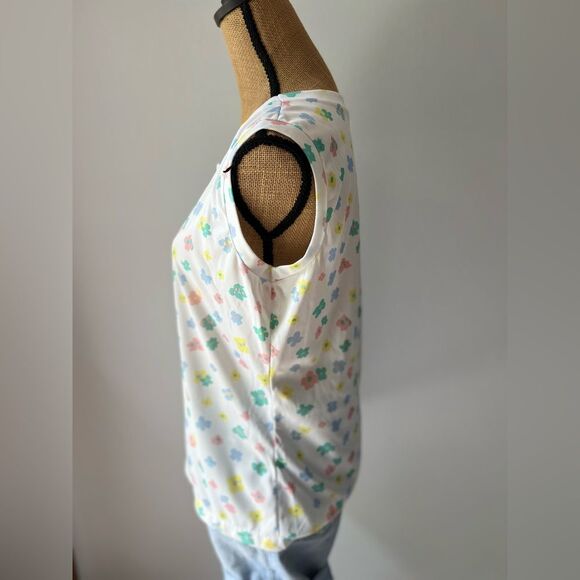 Vintage 70s Lucky Tops Multicolor Floral & White Sleeveless Top - Picture 7 of 13